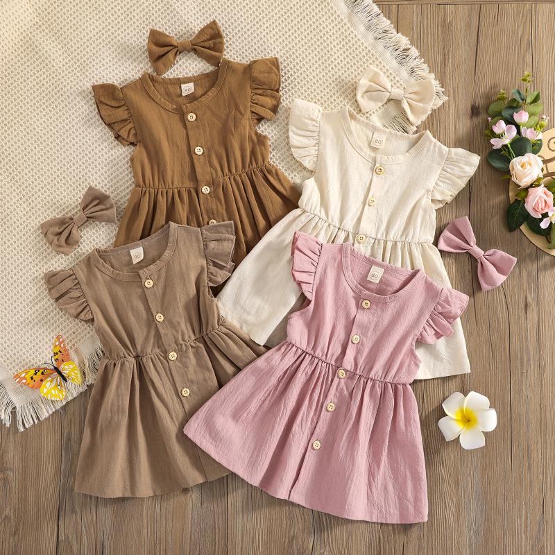 

Girl's Dresses Summer Toddler Baby Girl Casual Dress Outfit Linen Crewneck Solid Color Ruffle Sleeveless Button Kids Clothes, Beige