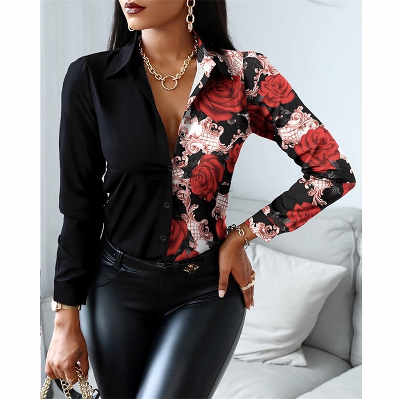 

Elegant Vintage Print Blouses Women's Casual Fashion Button Up Sexy Blouse Office Ladies Shirt Long Sleeve Tops Autumn Clothing 220407, 17