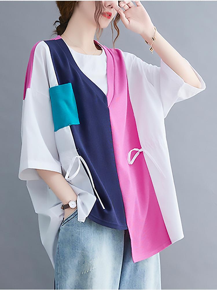 

Women's T-Shirt Summer Fashion Women's Short Sleeve Contrast Color Colorful Patchwork Asymmetrical Casual Loose Versatile Pullover TeesW, Blue