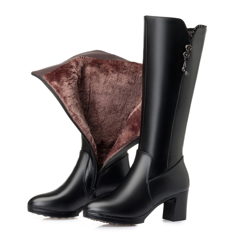 

Wool Snow Boots Women Fur Warm Shoes Plush mid calf Boots Fashion Zipper Warm Genuine Leather Platform Women Winter Boots, Blackplush