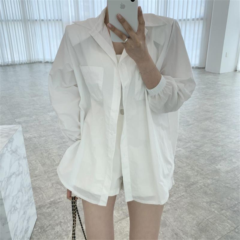 

Women's Blouses & Shirts HziriP Fashion Shoulder Pads Loose Sunscreen Women Tops Lapel 2022 OL Streetwear Autumn Full Sleeves Coats, White