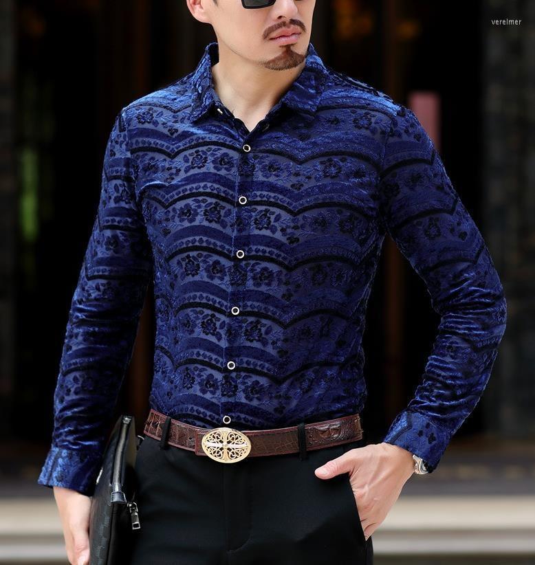 

Men' Dress Shirts Silk Mens Vevlet Floral Shirt See Through Summer Long Sleeve Social Male Business Casual Soft ThinMen' Vere22, Black