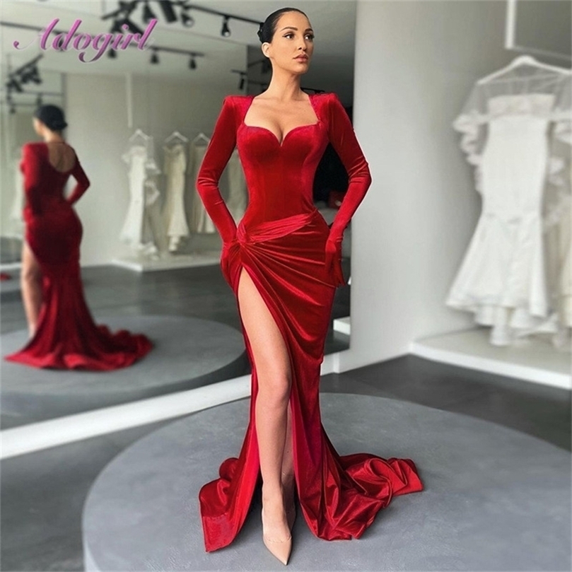 

Elegant Velvet Slash Neck Long Sleeve With Gloves Bandage Evening Party Club Floor Length Dress Women Sexy Split On Dresses 226014, Green