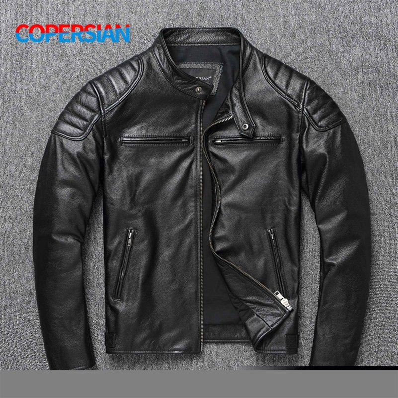 

Men's Leather Faux Leather Top Layer 100% Cowhide Leather Clothes Men's Stand Collar Motorcycle Clothes Youth Autumn and Winter Large Size Jacket 220826, Black
