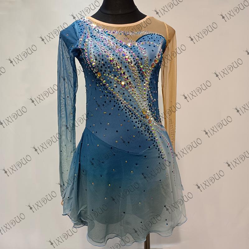 

Stage Wear Child Adult Figure Skating Dress Blue Gradient Girls Training Competition Skirt Handmade Shiny Crystal RhinestoneStage