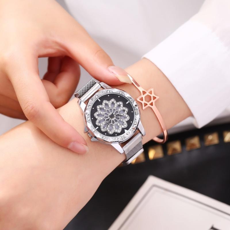 

Wristwatches Fashion Luxury Lady Magnet Buckle Lucky Flower Watch 360 Rotating Stainless Steel Quartz Drop, Blue