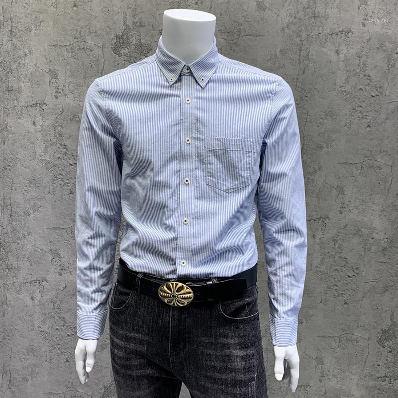 

Men's Casual Shirts Long Sleeve Oxford Stripes Cotton Shirt Front Patch Chest Pocket Regular-fit Button-down Collar Work, Blue