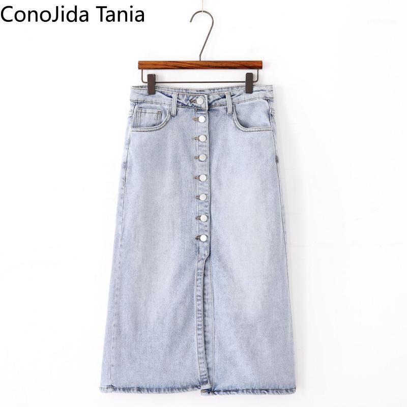 

European And American Women' Spring Summer Long High Waist Single-breasted Split Denim Overskirt Skirts, Light blue