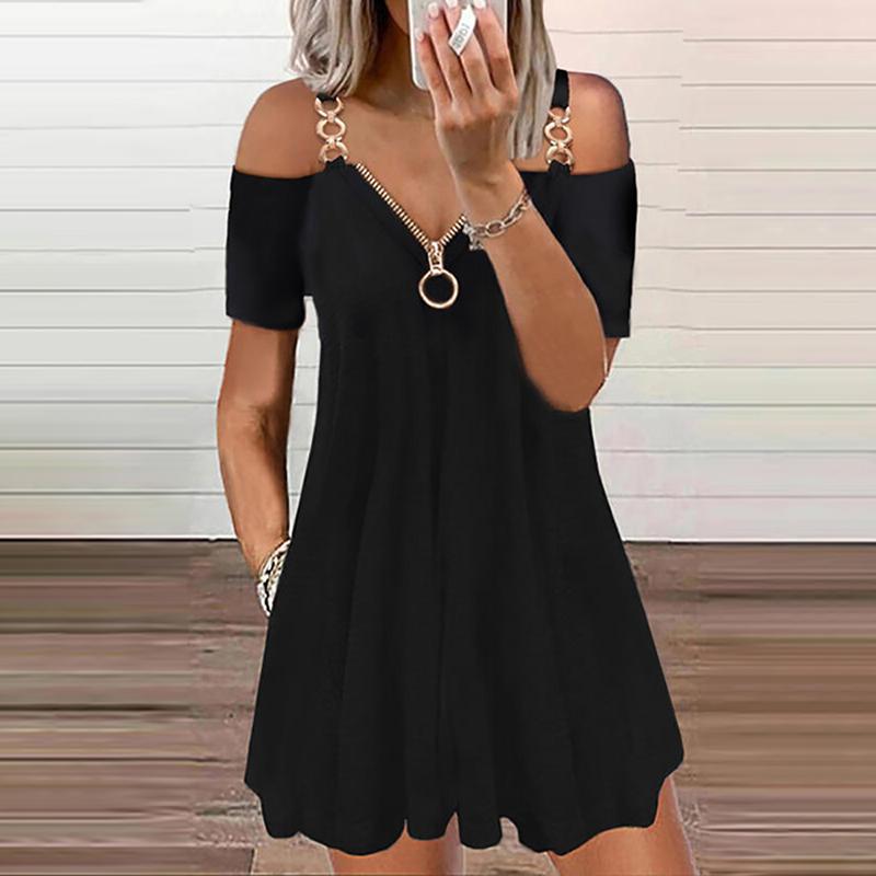 

Casual Dresses 2022 Ninimour Cold Shoulder Chain Strap Zipper Design Black Short Sleeve Summer Mini A Line Dress Office Work Daily