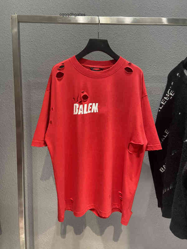 

Italy Fashion Brand Balencaigas Trendy Men t Shirts Printing House Ceiling Art English Letters Pull Glue Burst Effect Couple Paris, Red