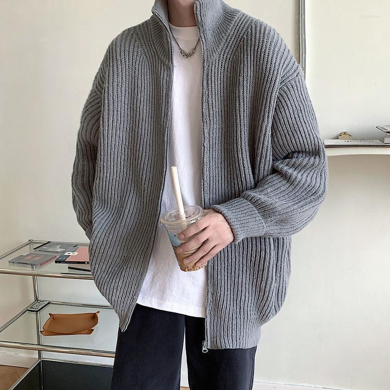 

Men' Sweaters Autumn And Winter Loose Solid Color Zipper Stand Collar Cardigan Sweater Men' Trend Retro Casual Couple Knitted JacketMe, Gray