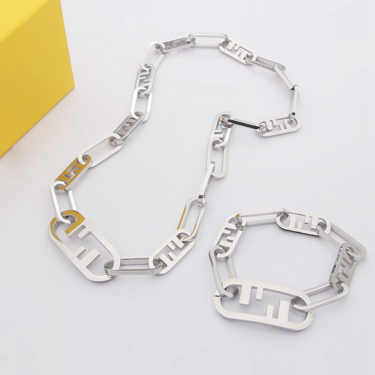 

Famous brand Designer Men Lady Women Titanium Steel Hollow Out Double F Letter 18K Gold Thick Chain Bangle Necklace Ear studs Luxurious Jewelry Sets HFK, Golden