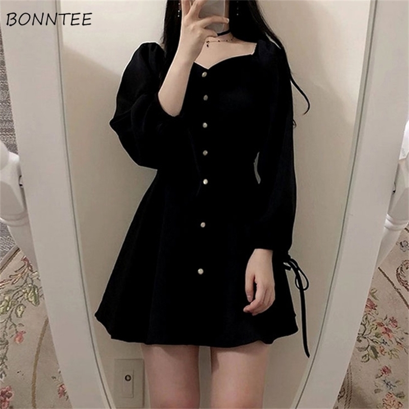 

Dress Women Vestidos Vintage Solid Daily Empire Elegant Black Schoolgirls Classy Retro Fashion Charm Female Clothes Long Sleeve 220614