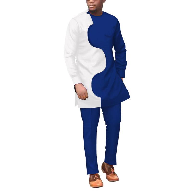 

Ethnic Clothing African Men Bicolor Contracted Design Set Shirt 2 Piece Outfit Crop Top Attire Long Sleeve Casual NO.1 V2022008Ethnic