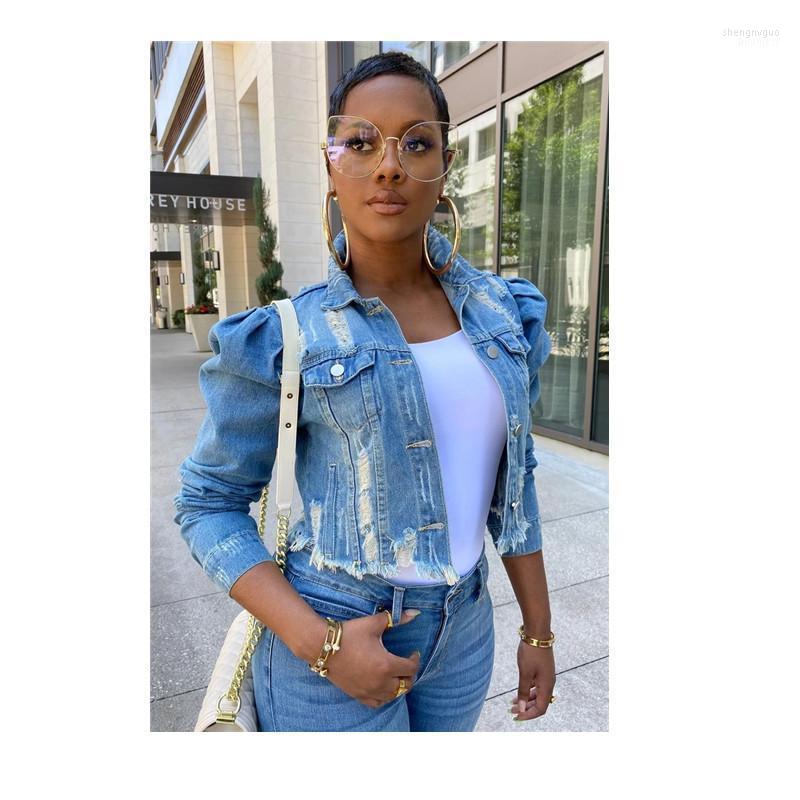 

Women' Jackets Wjustforu Women Jean Jacket Streetwear Loose Ripped Denim Summer 2022 Fashion Tassel Puff Sleeve Coats Female Clothing, Black