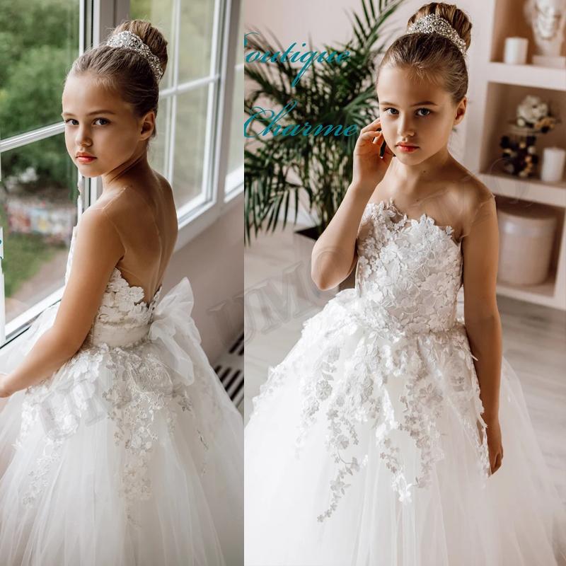 

Girl's Dresses Princess Ivory Lace Toddler Birthday Flower Girl Dress Backless Bow Back Teen Wedding Party Fashion Show First CommunionGirl'