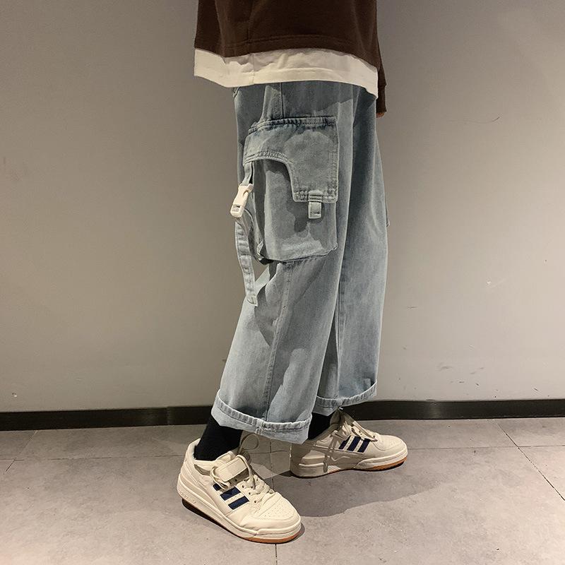 

Men' Jeans ICCLEK 2022 Autumn Workwear Loose Straight Pants Fashion Wide Leg Cargo Men Distressed, Black