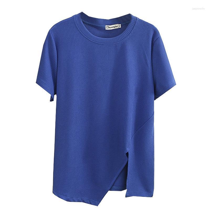 

Women's Plus Size T-Shirt Women Polyester Summer 2022 O-Neck Tees Short Sleeve Irregular Split Asymmetrical Length TopsWomen's Jasp22, Blue