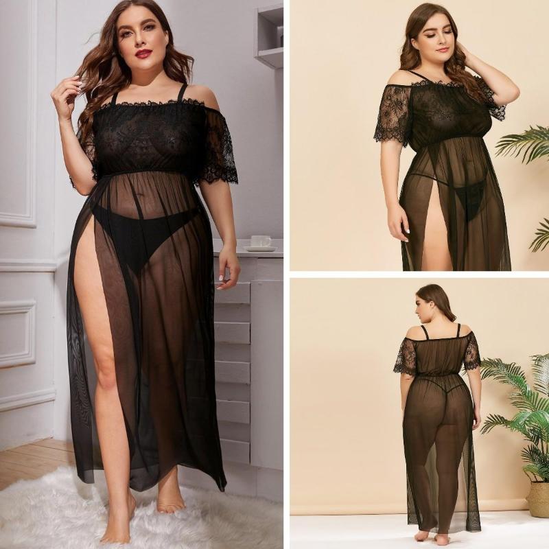 

Women's Plus Size Underwear In Stock 4 Women Sexy Mess Night Long Dress Nightgown Hollow Out Nightdress Lingerie Lace Nightwear TransparentW, Black
