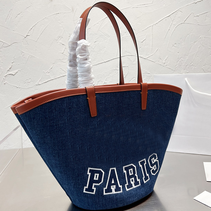 

Denim Bucket Bags Canvas Totes Bag Shopping Handbag Embroidery Letter Classical Printing Thread Large Capacity Vintage Shoulder Bag Plain Two Straps, Box