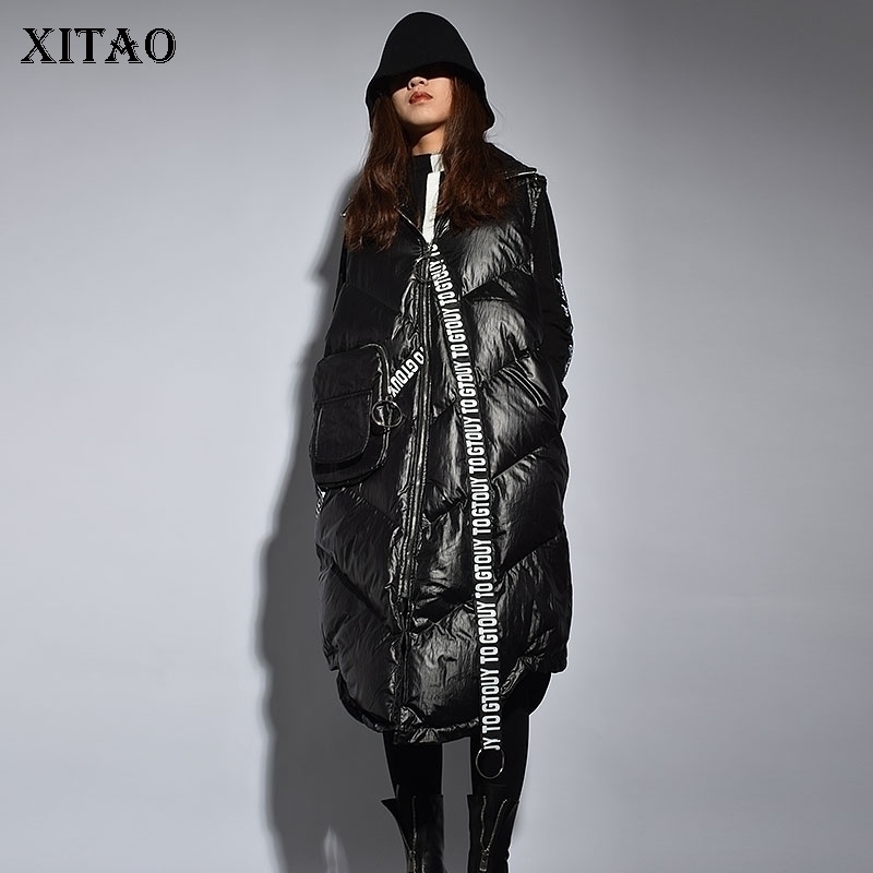 

XITAO Streetwear Fashion Women Winter Turndown Collar Full Sleeve Vest Female Patchwork pcker Letter Vest ZLL2158 201031, Black zll2158