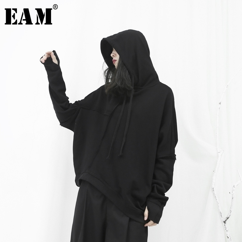 

EAM Loose Fit Black Asymmetrical Oversized Sweatshirt Hooded Long Sleeve Women Big Size Fashion Spring Autumn 19Aa57 201202