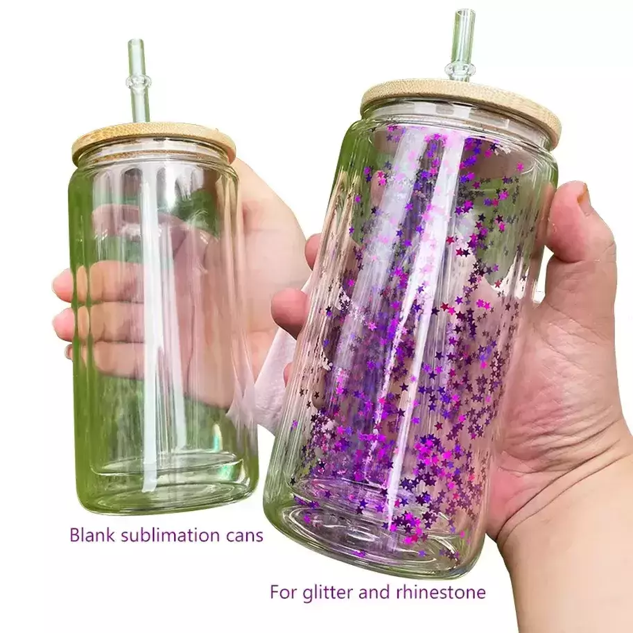 

16oz Subliamtion Double Wall Glass Can Glitter Snow Globe Blank Glass Tumbler with Bamboo Lids Beer Juice Glasses Cup, Rushing fee not pay