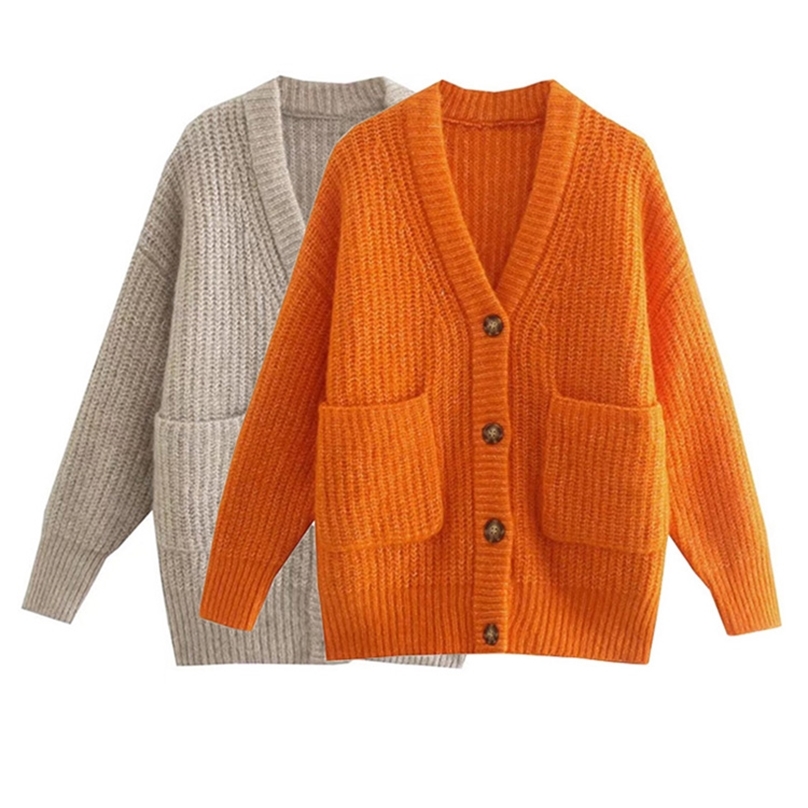 

TRAF Women Fashion With Pockets Loose Knit Cardigan Sweater Vintage Long Sleeve Buttonup Female Outerwear Chic Tops 220813, As picture
