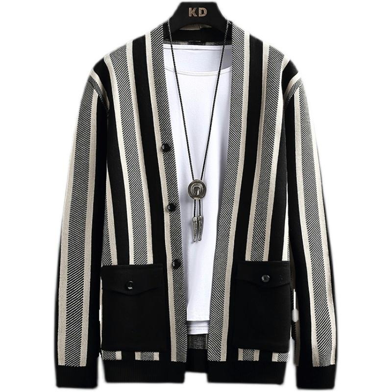 

Men's Sweaters Autumn & Winter Style Fashion Cardigan Sweater Men's Jacket Casual Slim V-neck Color Panel Male Coat M-3XLMen's, Black