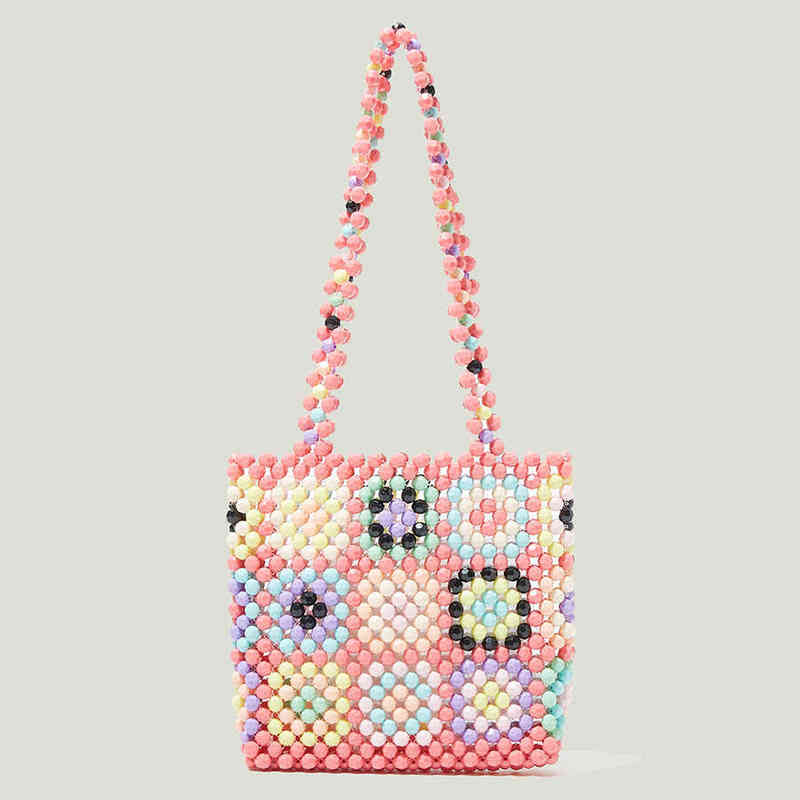 

Shopping Bags Hand Beaded Tote Bag for Women Colored Pearl Handbags Summer Checkered Weaving Shoulder Bag Bohemia Beach Vacation Underarm Bags 220412 220416, Green