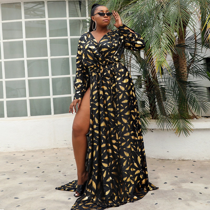 

Plus Size Chiffon Evening Dresses V Neck Long Sleeve Bronzing Feather Side Split Summer Party Prom Dress Robe De Mariée In Stock, Black