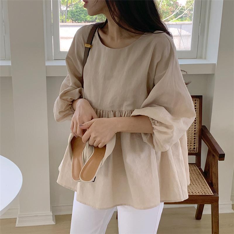 

Women' Blouses & Shirts Johnature Korean O-neck Half Sleeve Womens Tops And 2022 Summer Solid Color Loose All Match Casual Female ShirtsWom, Milky