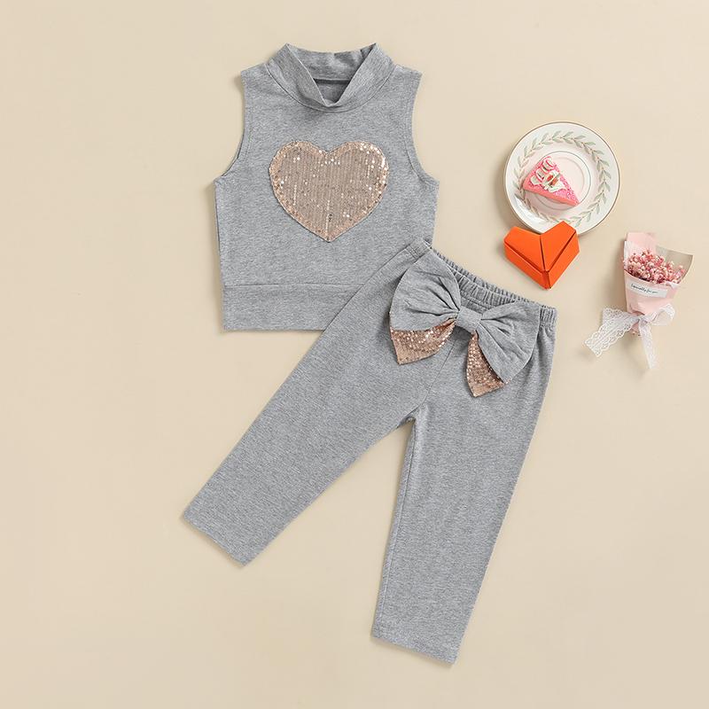 

Clothing Sets 1-6Y Fashion Toddler Girls Clothes Sleeveless Sequins Heart Printed Turtleneck Tops Elastic Waist Bowknot PantsClothing, As pic