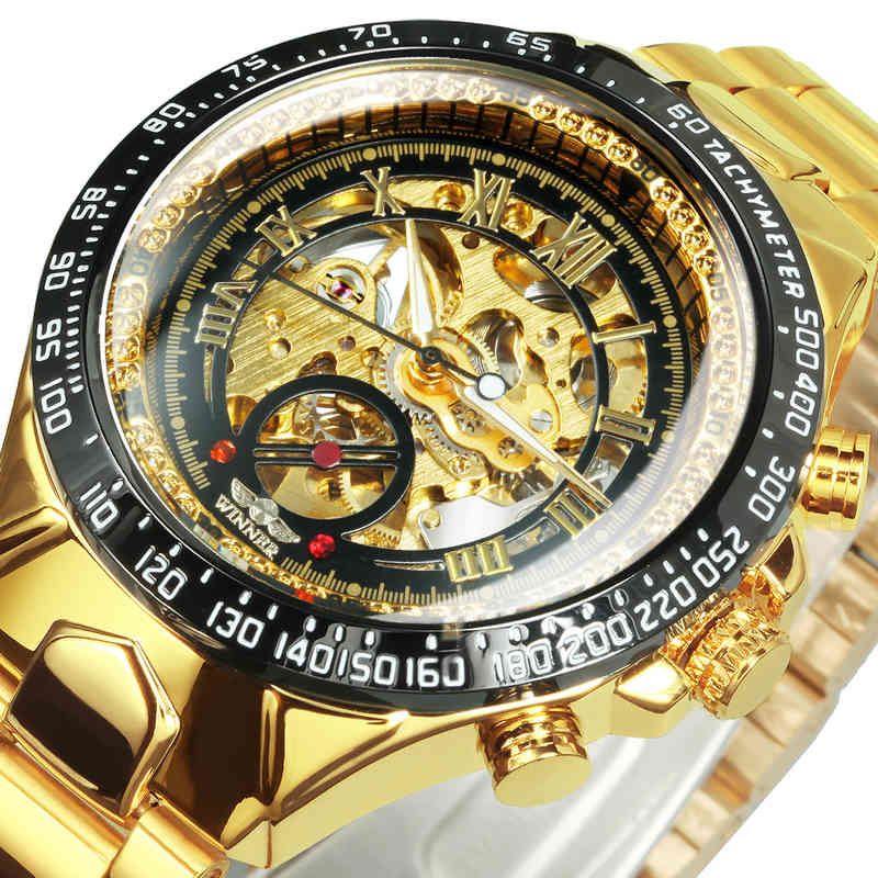 

Tags Winner Gold Skeleton Watch for Men Automatic Watch Men 2020 Top Brand Luxury Sport Mechanical Clock Stainls Steel Relogio Geneva, Black gold