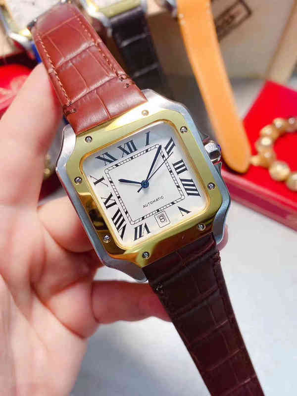 

watches for men luxury carter wathes Mechanical Silver Rome Dial Gold Bezel Leather Sapphire Stainless Bracelet Square Date Watchkv88
