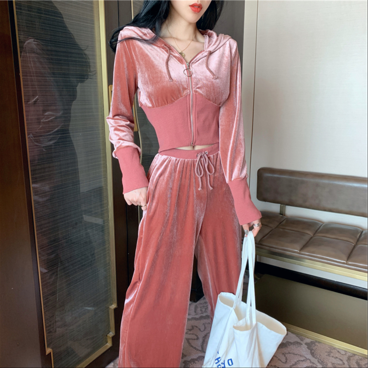 

Two Piece Set Women Tracksuits Autumn Winter Streetwear Long Sleeve Jacket Pants Sets, Pink