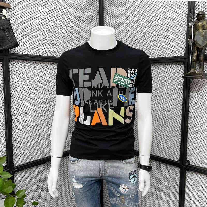 

Men's short sleeve print fashion brand round neck summer casual trend letter top T-shirt, White