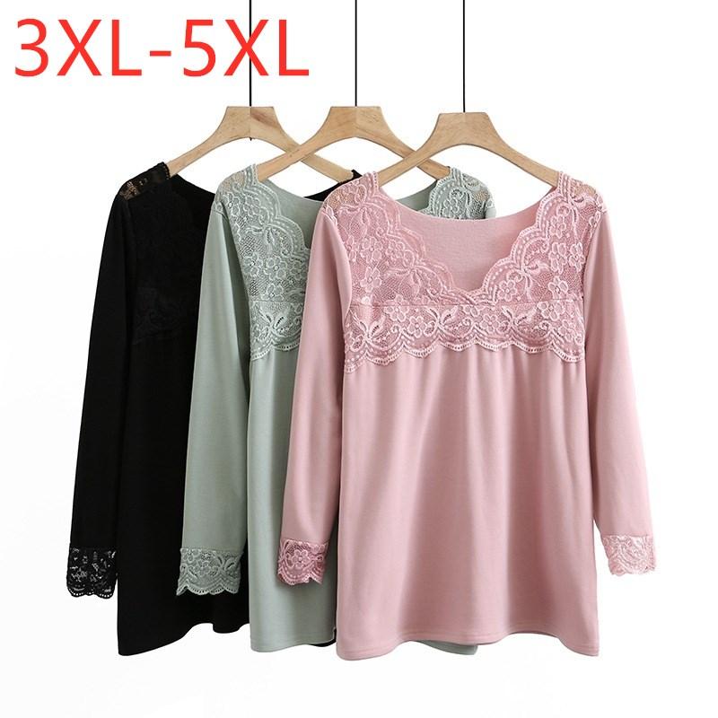 

Women's T-Shirt Ladies Autumn Winter Plus Size Basic Tops For Women Large Long Sleeve Slim Elastic Wool Liner Thick Lace 3XL  5XLWomen's, Black