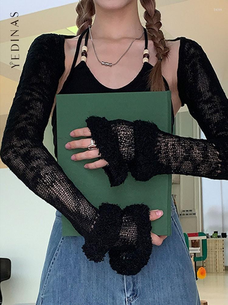 

Women's T-Shirt Yedinas Blackless Cropped Lace Smock Long Sleeve T Shirt Women Cardigan Black Slim Skinny Crop Top Knitted Tee Femme Y2kWome