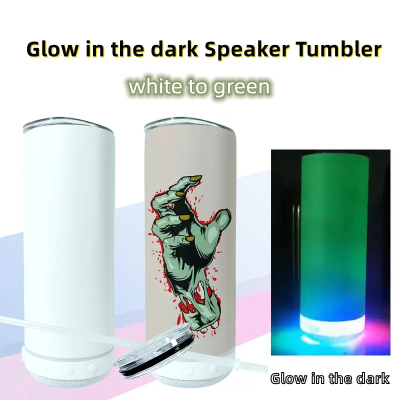 

20oz Glow in the dark Sublimation Bluetooth Tumbler Double Wall Stainless Steel Smart Wireless Speaker Music Tumblers Personalized Gift by express Z11, White