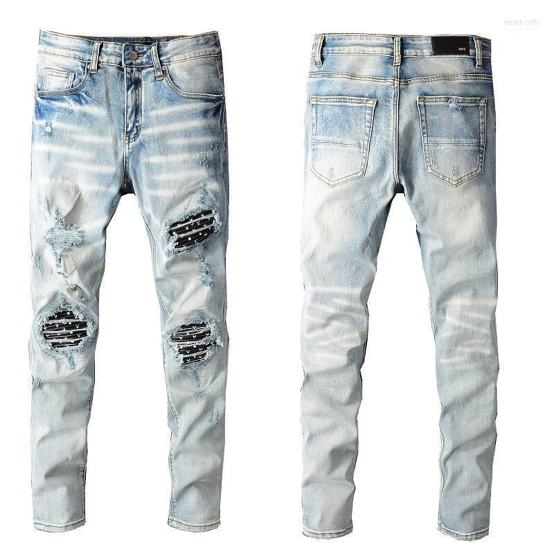 

Men's Jeans Washed Blue Motorcycle Pants Men's Skinny Knee Stitching Patchwork Biker Jean Stacked Fashion Street AMR DenimMen's Heat22, Sky blue