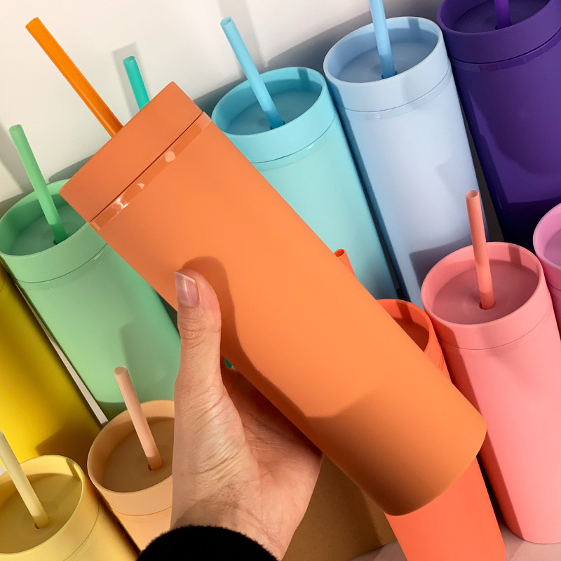

16oz Acrylic Tumblers Matte Colored Water Bottles with Lids and Straws Double Wall Plastic Coffee Cup Gifts Straight Drinking Cup, Mix colors