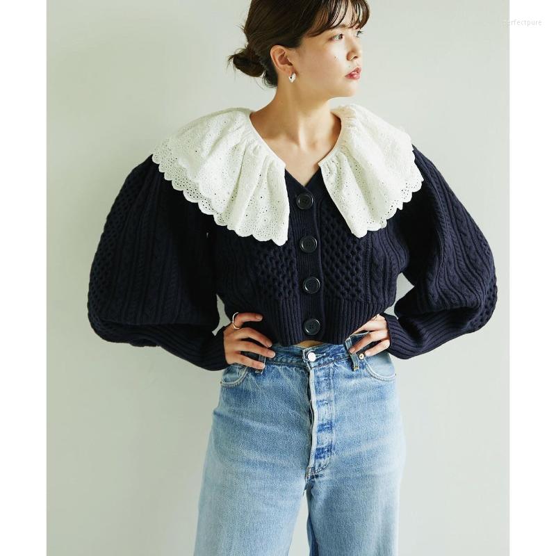 

Women' Knits & Tees French Niche Design Detachable Lace Lapel Lamellas Lantern Sleeves Wool Knitted Cardigan Short Tops Fall 2022 Women Per, Blue