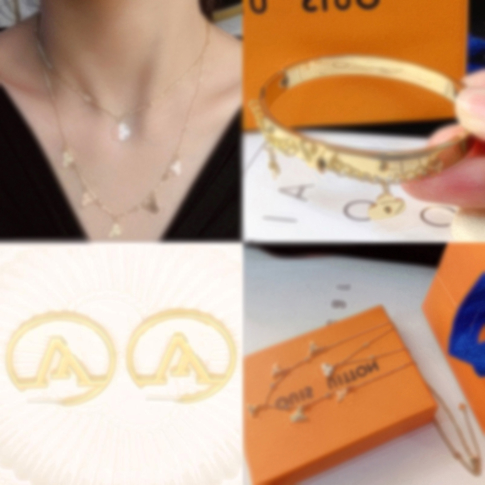 

Fashion Style 18K Gold Plated Bracelets Women Bangle Necklace Earrings Stainless steel Crystal Designer L-Letter Wedding Lovers Gift Jewelry -L-4, Golden