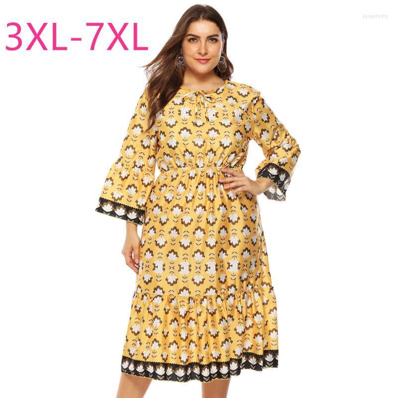 

Plus Size Dresses 2022 Spring Autumn For Women Large Loose Casual Long Sleeve Floral Print Yellow Dress 3XL  5XL 6XL Jasp22