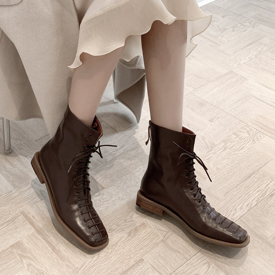

Womens Genuine Leather Cross Strap Lace Up Back Zip Square Toe Flats Autumn Warm Plush Ankle Boots Boots Shoes Hot Platform Boots Chel 31IR#, Black