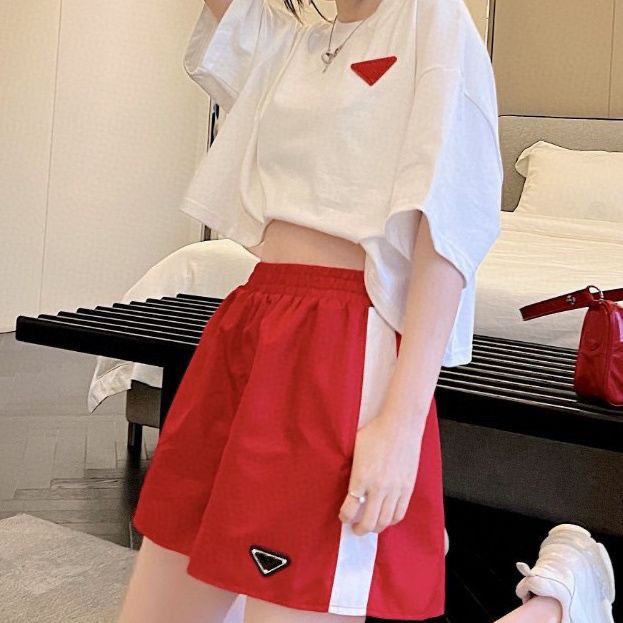 

Women's Two Piece Pants Inverted Triangle Badge White Short T-shirt with Contrasting colors Nylon Shorts Set Tracksuit For Summer, Extra shipping cost