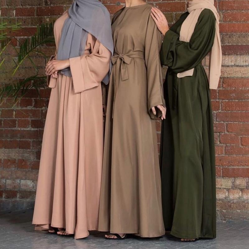 

Casual Dresses Women Turkey Arab Muslim Eid Abaya Dubai Maxi Dress Flare Long Sleeve Solid Color Islamic Kaftan Hijab Tie Waist Robe, Db-s
