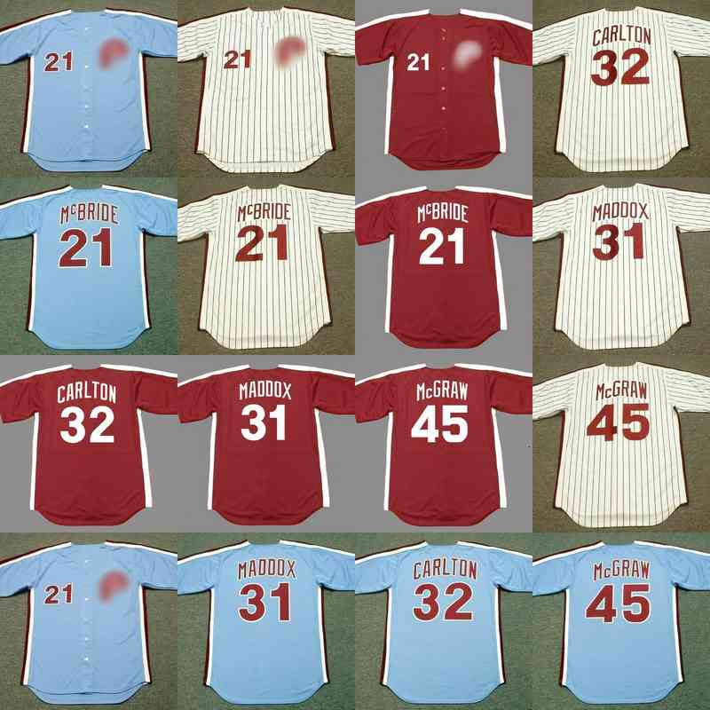 

Xflsp Men 21 BAKE McBRIDE 31 GARRY MADDOX 32 STEVE CARLTON 45 TUG McGRAW Philadelphia 1980 Baseball Jersey