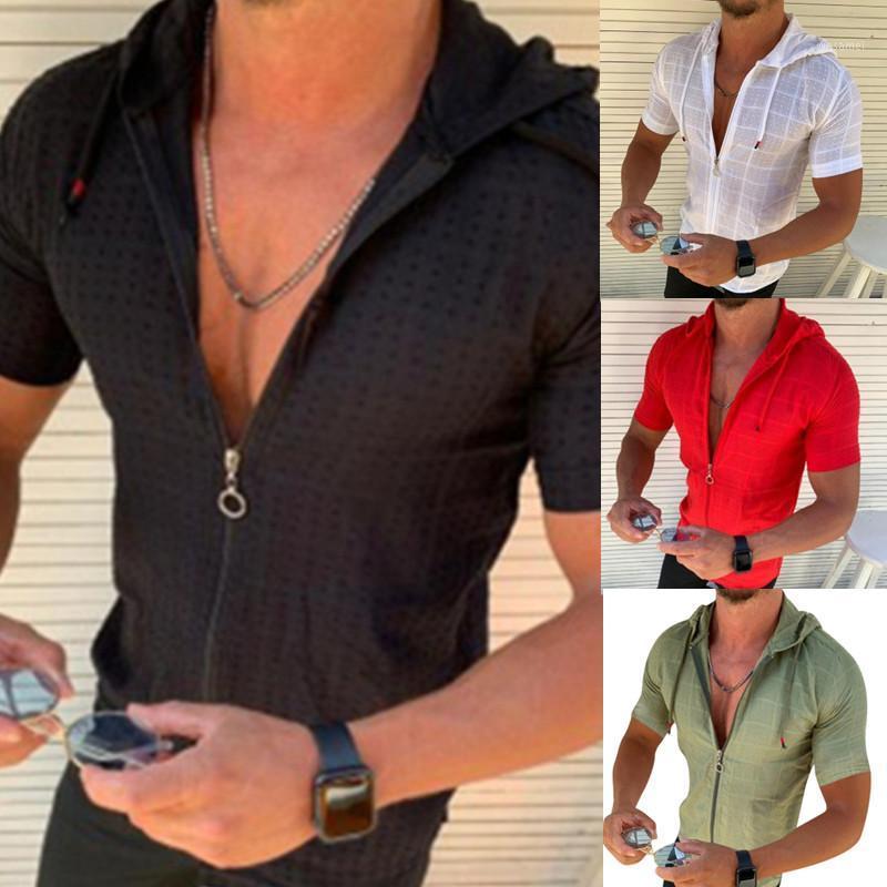 

Men Hooded Grid T-shirt Shirt Summer Casual Zipper Short Sleeve Formal Dress Shirts Hawaii Vacation Jogging Men, Yellow